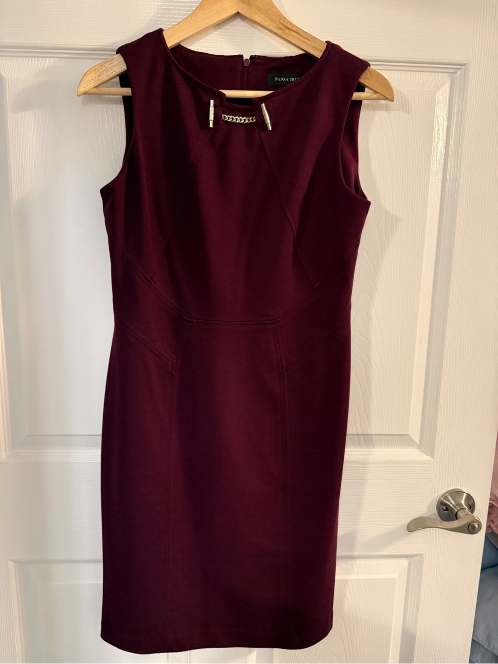 Ivanka Trump Sleeveless Sheath Dress with Gold Chain in Wine
